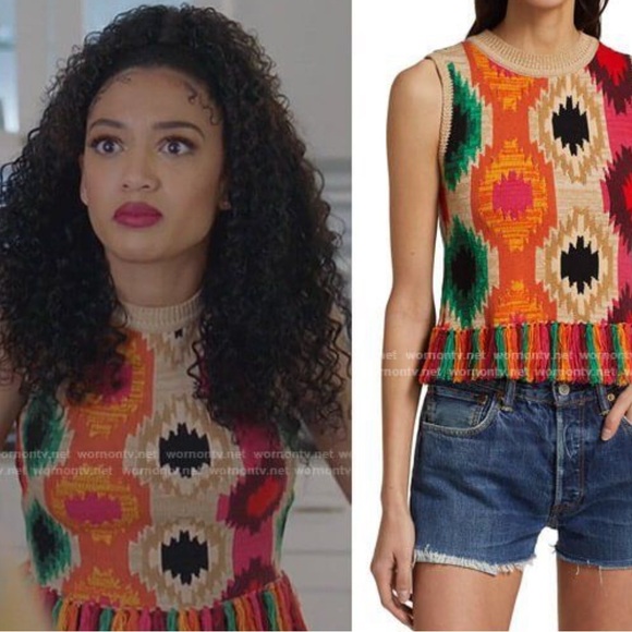 Alice + Olivia Multicolor Patterned Reva Print Fringe Peplum Tank Top Large - Picture 7 of 9